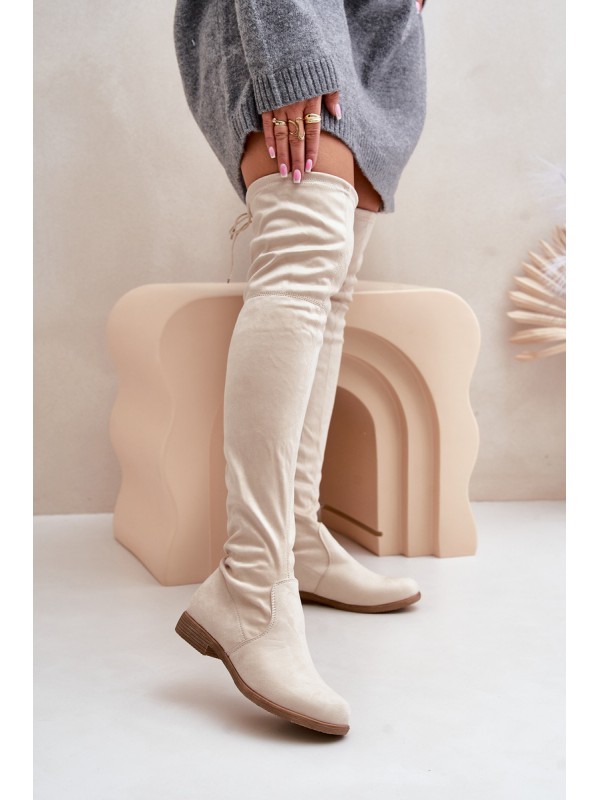 Knee High Flat Heel Boots Made Of Eco Suede Beige Linnithia 2