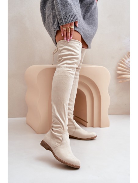 Knee High Flat Heel Boots Made Of Eco Suede Beige Linnithia