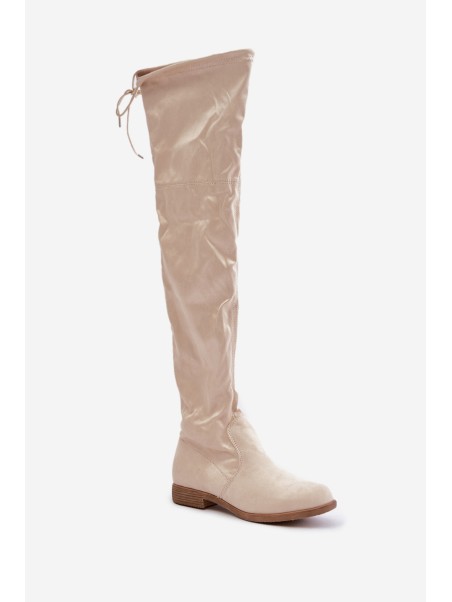 Knee High Flat Heel Boots Made Of Eco Suede Beige Linnithia
