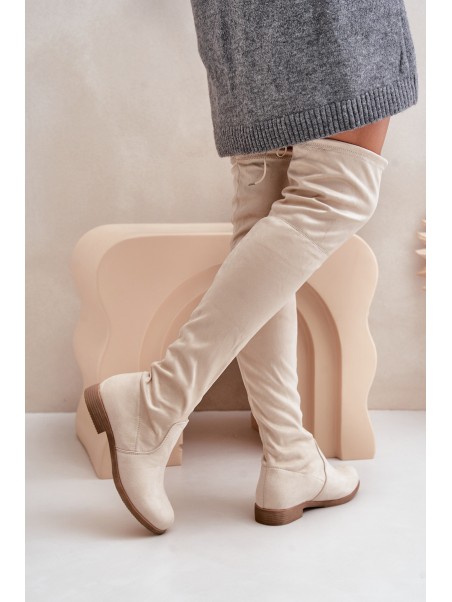 Knee High Flat Heel Boots Made Of Eco Suede Beige Linnithia