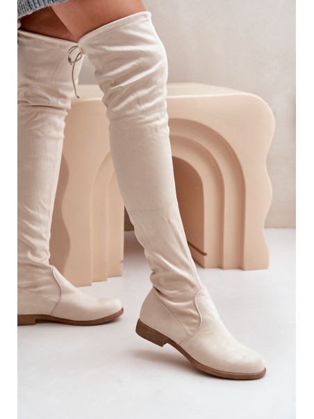 Knee High Flat Heel Boots Made Of Eco Suede Beige Linnithia