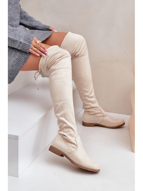 Knee High Flat Heel Boots Made Of Eco Suede Beige Linnithia