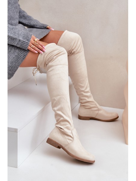 Knee High Flat Heel Boots Made Of Eco Suede Beige Linnithia