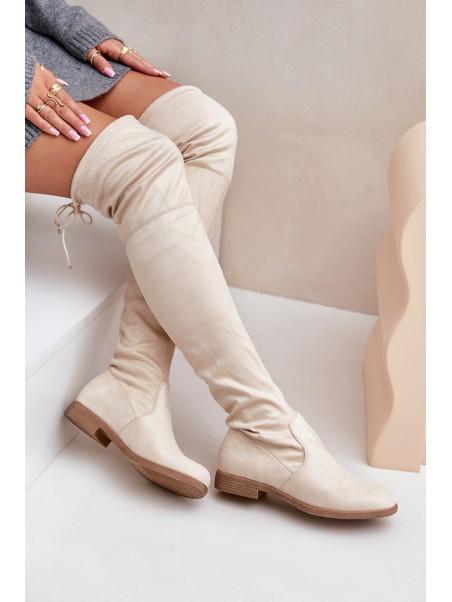 Knee High Flat Heel Boots Made Of Eco Suede Beige Linnithia