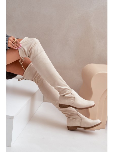 Knee High Flat Heel Boots Made Of Eco Suede Beige Linnithia