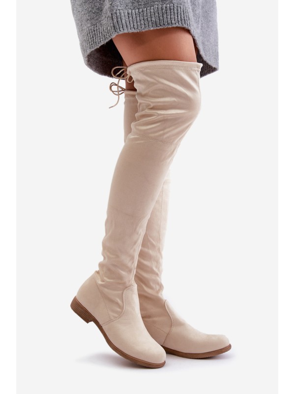 Knee High Flat Heel Boots Made Of Eco Suede Beige Linnithia