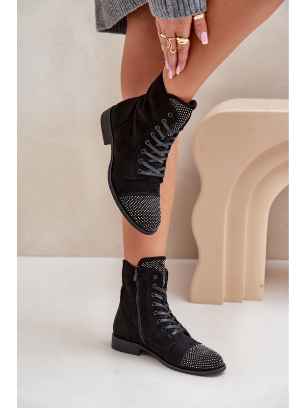 Embellished ankle boots with flat heel eco suede insulated black Ellieo 2