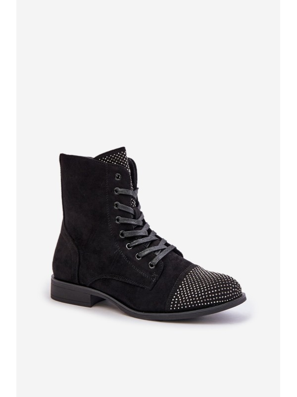 Embellished ankle boots with flat heel eco suede insulated black Ellieo