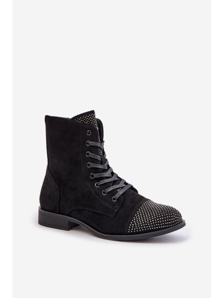 Embellished ankle boots with flat heel eco suede insulated black Ellieo
