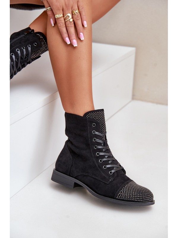 Embellished ankle boots with flat heel eco suede insulated black Ellieo