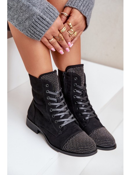 Embellished ankle boots with flat heel eco suede insulated black Ellieo