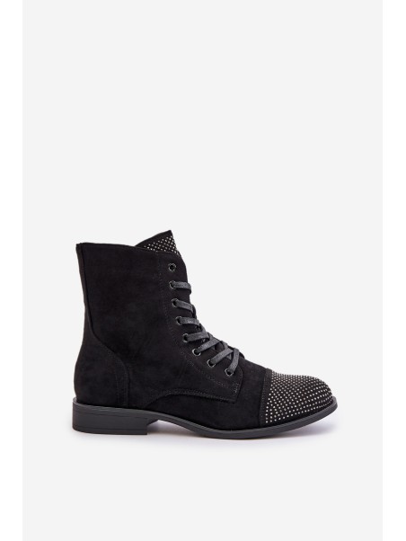 Embellished ankle boots with flat heel eco suede insulated black Ellieo