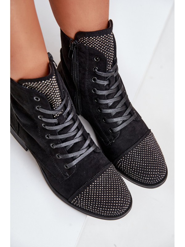 Embellished ankle boots with flat heel eco suede insulated black Ellieo