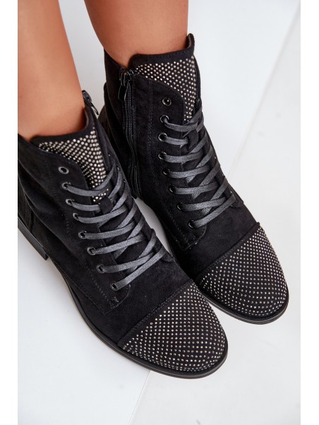Embellished ankle boots with flat heel eco suede insulated black Ellieo