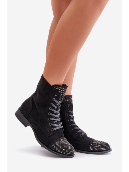 Embellished ankle boots with flat heel eco suede insulated black Ellieo