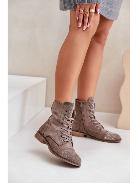 Decorated ankle boots on flat heels eco suede insulated brown Ellieo