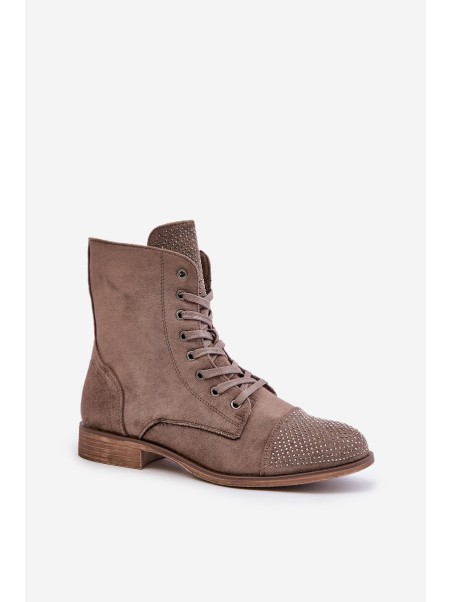 Decorated ankle boots on flat heels eco suede insulated brown Ellieo