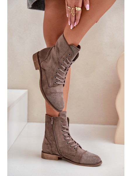 Decorated ankle boots on flat heels eco suede insulated brown Ellieo
