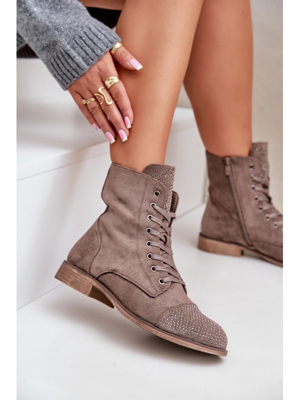 Decorated ankle boots on flat heels eco suede insulated brown Ellieo