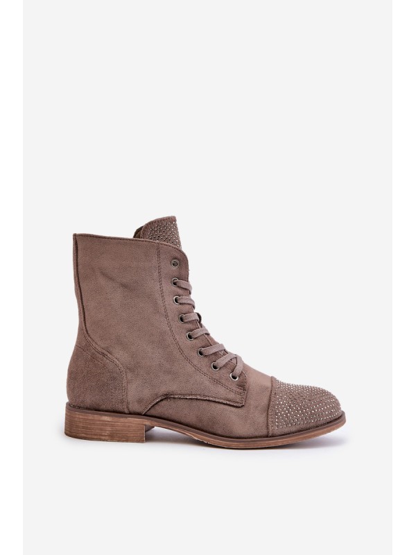 Decorated ankle boots on flat heels eco suede insulated brown Ellieo