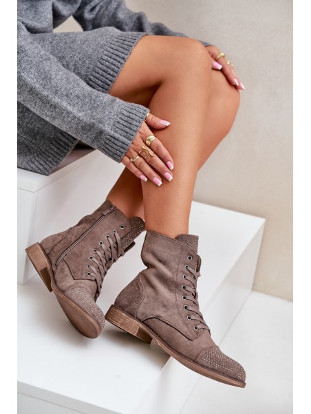Decorated ankle boots on flat heels eco suede insulated brown Ellieo