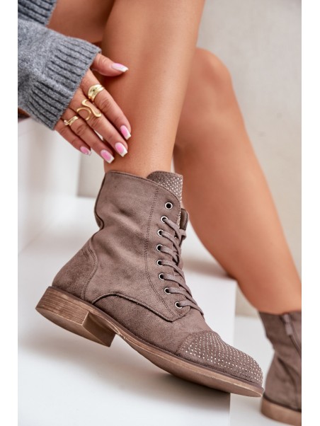 Decorated ankle boots on flat heels eco suede insulated brown Ellieo
