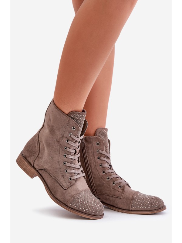 Decorated ankle boots on flat heels eco suede insulated brown Ellieo
