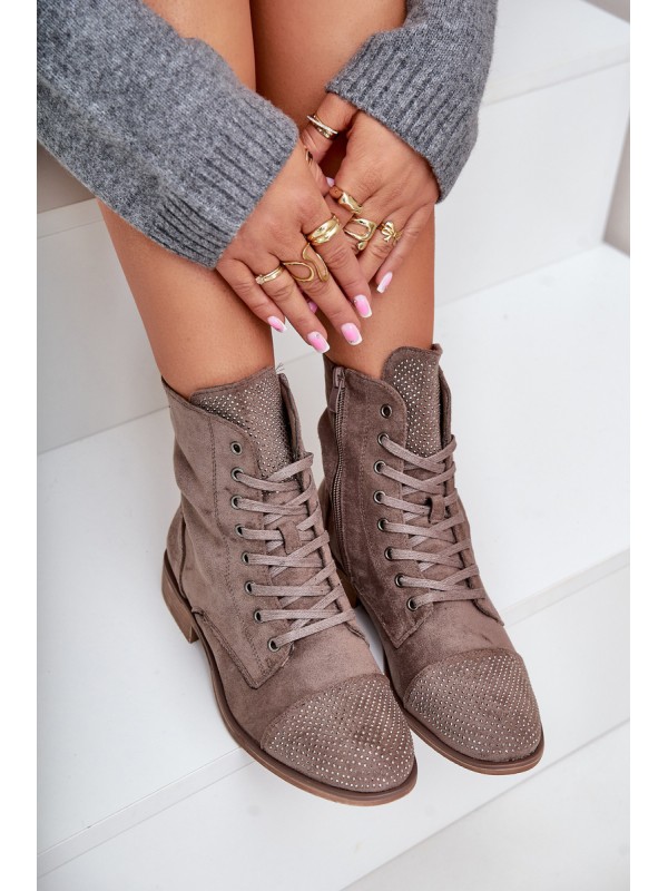 Decorated ankle boots on flat heels eco suede insulated brown Ellieo