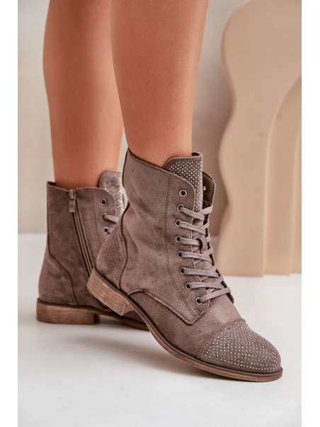 Decorated ankle boots on flat heels eco suede insulated brown Ellieo