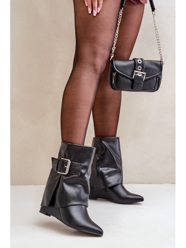 Wedge Ankle Boots With Folded Shaft And Buckle Black Vortinia