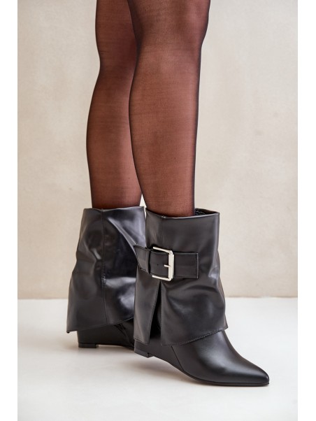 Wedge Ankle Boots With Folded Shaft And Buckle Black Vortinia