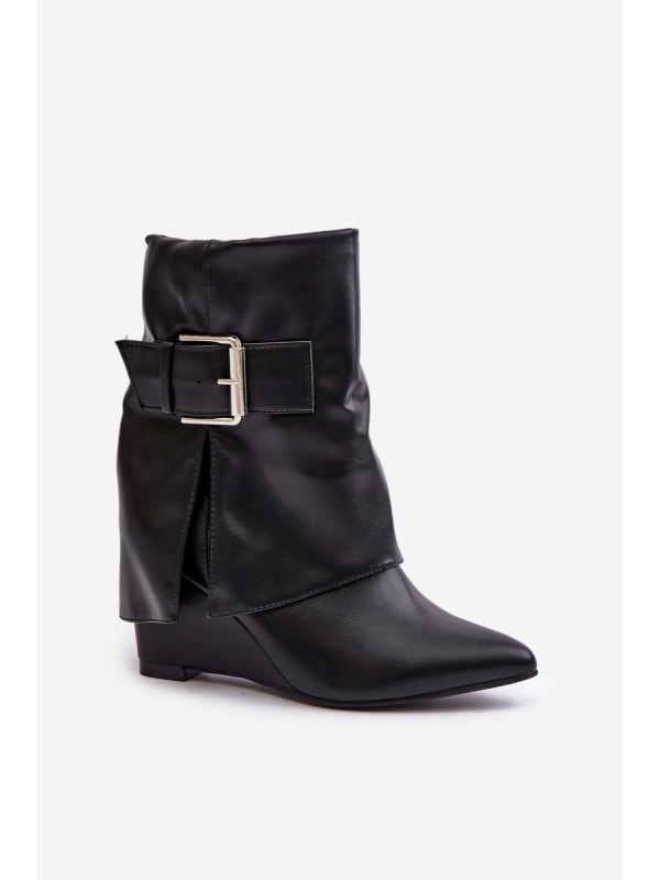 Wedge Ankle Boots With Folded Shaft And Buckle Black Vortinia