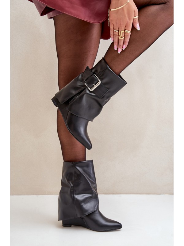 Wedge Ankle Boots With Folded Shaft And Buckle Black Vortinia
