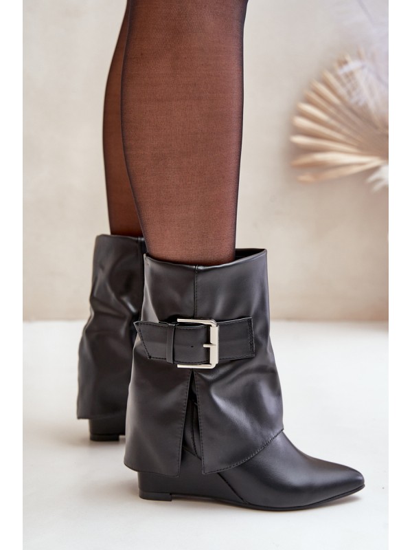 Wedge Ankle Boots With Folded Shaft And Buckle Black Vortinia