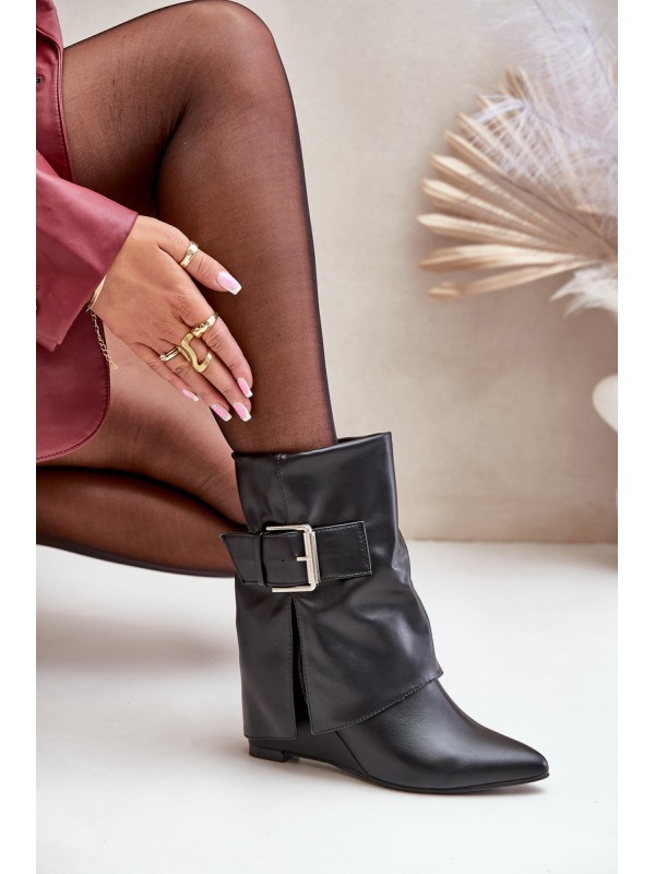 Wedge Ankle Boots With Folded Shaft And Buckle Black Vortinia