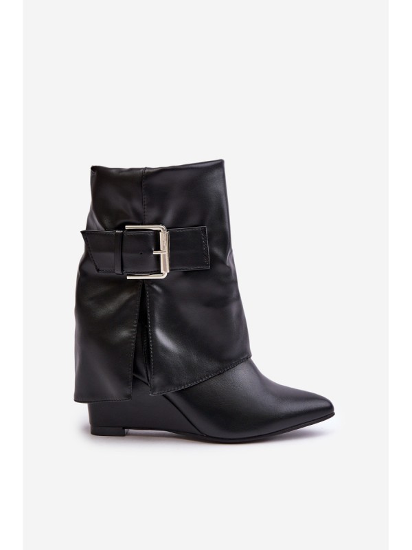 Wedge Ankle Boots With Folded Shaft And Buckle Black Vortinia