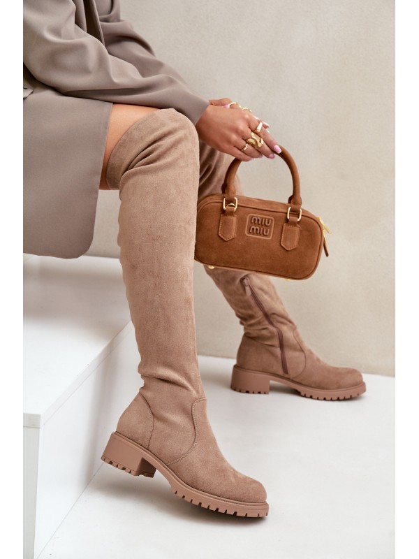 Knee High Boots Flat Heel Beige Filora