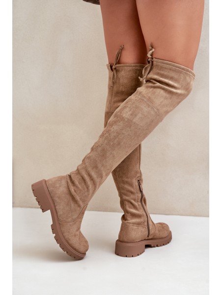 Knee High Boots On Flat Heel Made Of Eco Suede Beige Arkelia