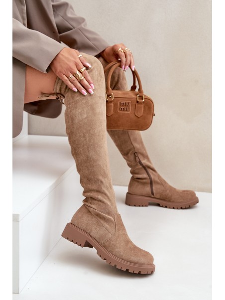 Knee High Boots On Flat Heel Made Of Eco Suede Beige Arkelia