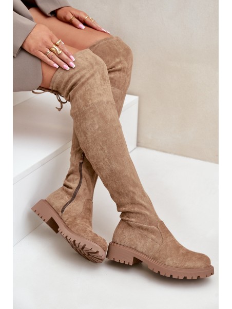 Knee High Boots On Flat Heel Made Of Eco Suede Beige Arkelia