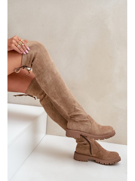 Knee High Boots On Flat Heel Made Of Eco Suede Beige Arkelia