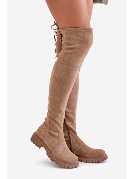 Knee High Boots On Flat Heel Made Of Eco Suede Beige Arkelia