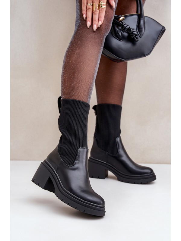 Boots With Sock On Chunky Heel Black Rosanas