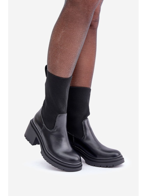 Boots With Sock On Chunky Heel Black Rosanas