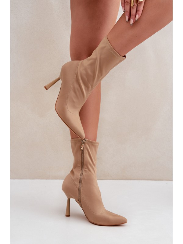 Fabric Stiletto Boots Dark Beige Amune