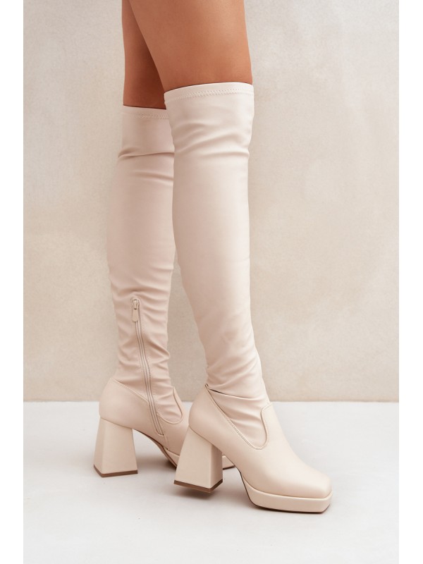 Fitted knee-high boots with a heel in light beige Sanniraen 2