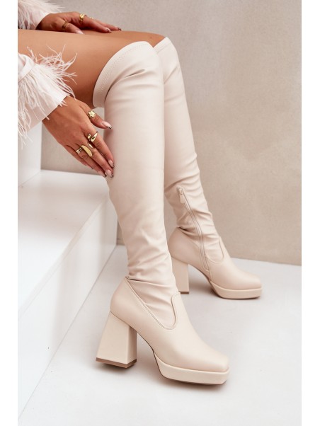 Fitted knee-high boots with a heel in light beige Sanniraen