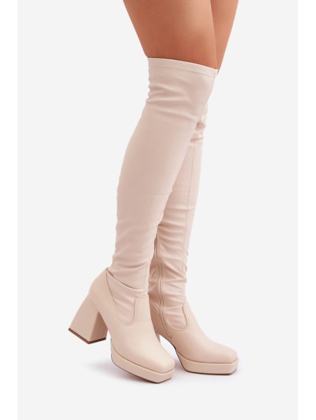 Fitted knee-high boots with a heel in light beige Sanniraen