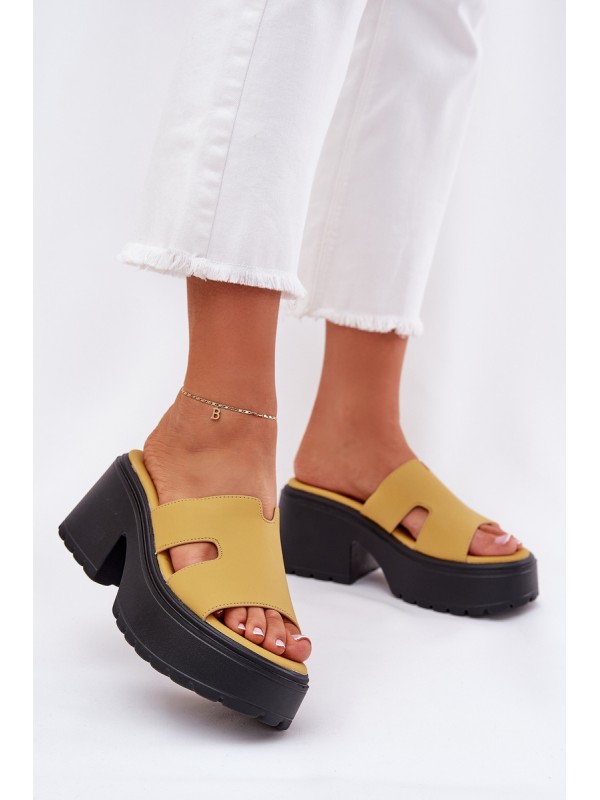 Ladies Platform Slippers With A Chunky Heel Yellow Rizana