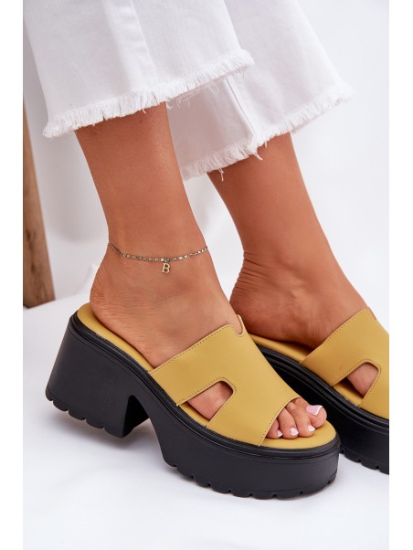 Ladies Platform Slippers With A Chunky Heel Yellow Rizana